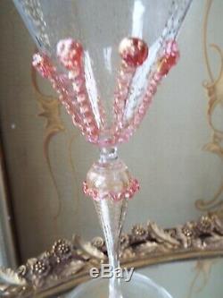 Set 4 Salviati Murano Gold Flake Art Glass Pink Drip Prunts Wine Goblets Stems