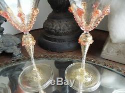 Set 4 Salviati Murano Gold Flake Art Glass Pink Drip Prunts Wine Goblets Stems