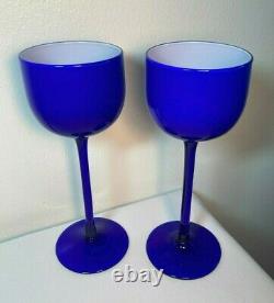Set 4 Vintage Carlo Moretti Murano Cobalt Blue Stem White Cased Wine Glasses