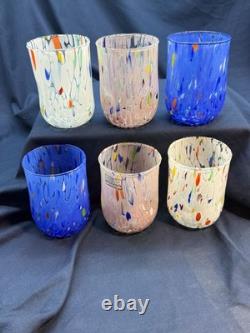 Set 6 Murano Art Glass Tumblers Hand Blown Water Drinking Glasses Italy Colorful