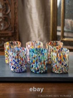 Set 6 Murano Art Glass Tumblers Water Glasses Multicolor Italian Hand Blown Cup