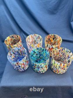 Set 6 Murano Art Glass Tumblers Water Glasses Multicolor Italian Hand Blown Cup