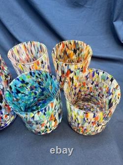 Set 6 Murano Art Glass Tumblers Water Glasses Multicolor Italian Hand Blown Cup