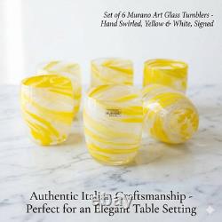 Set 6 Murano Art Glass Tumblers Yellow White Swirl New Unused Italian Hand Blown