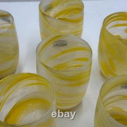 Set 6 Murano Art Glass Tumblers Yellow White Swirl New Unused Italian Hand Blown