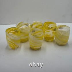 Set 6 Murano Art Glass Tumblers Yellow White Swirl New Unused Italian Hand Blown
