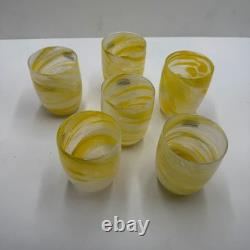 Set 6 Murano Art Glass Tumblers Yellow White Swirl New Unused Italian Hand Blown
