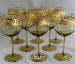 Set 8 Venetian Murano Hand Blown Amber Glass Gold Gilt Wine Goblets Stemware