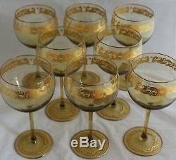 Set 8 Venetian Murano Hand Blown Amber Glass Gold Gilt Wine Goblets Stemware