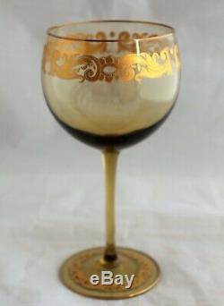 Set 8 Venetian Murano Hand Blown Amber Glass Gold Gilt Wine Goblets Stemware