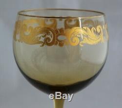 Set 8 Venetian Murano Hand Blown Amber Glass Gold Gilt Wine Goblets Stemware