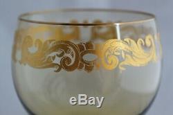 Set 8 Venetian Murano Hand Blown Amber Glass Gold Gilt Wine Goblets Stemware