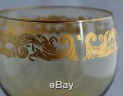 Set 8 Venetian Murano Hand Blown Amber Glass Gold Gilt Wine Goblets Stemware