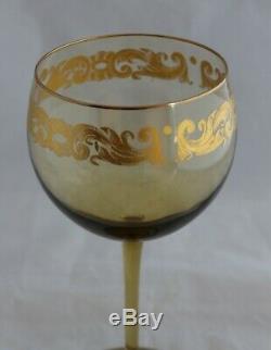 Set 8 Venetian Murano Hand Blown Amber Glass Gold Gilt Wine Goblets Stemware