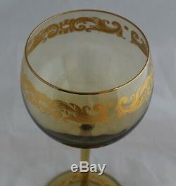 Set 8 Venetian Murano Hand Blown Amber Glass Gold Gilt Wine Goblets Stemware