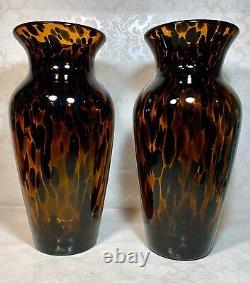 Set Of 2 Murano Style Amber Brown Tortoise Shell Hand Blown Glass Vase 12