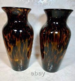 Set Of 2 Murano Style Amber Brown Tortoise Shell Hand Blown Glass Vase 12