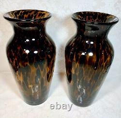 Set Of 2 Murano Style Amber Brown Tortoise Shell Hand Blown Glass Vase 12