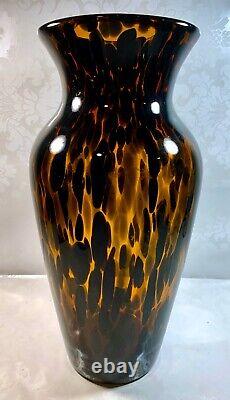 Set Of 2 Murano Style Amber Brown Tortoise Shell Hand Blown Glass Vase 12