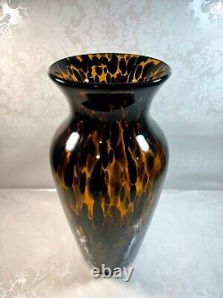 Set Of 2 Murano Style Amber Brown Tortoise Shell Hand Blown Glass Vase 12