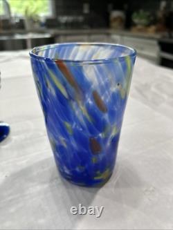 Set Of 6 Murano Italy Blue Swirl Hand Blown 13 Oz drinking Glasses New