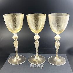 Set of 3 Venetian Murano Italy Hand Blown Gold Flake 8 3/4 Wine Goblet Glasses