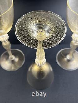 Set of 3 Venetian Murano Italy Hand Blown Gold Flake 8 3/4 Wine Goblet Glasses