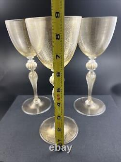 Set of 3 Venetian Murano Italy Hand Blown Gold Flake 8 3/4 Wine Goblet Glasses