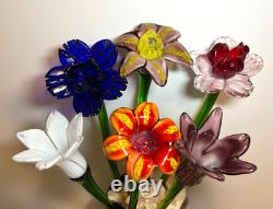 Set of 6 19 Long Stem Multi-Color Glass Flower Murano Hand Blown Glass #30