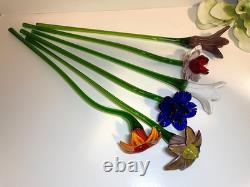 Set of 6 19 Long Stem Multi-Color Glass Flower Murano Hand Blown Glass #30