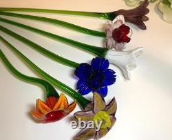Set of 6 19 Long Stem Multi-Color Glass Flower Murano Hand Blown Glass #30