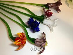 Set of 6 19 Long Stem Multi-Color Glass Flower Murano Hand Blown Glass #30