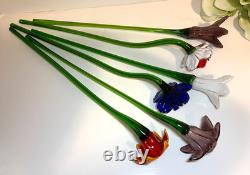 Set of 6 19 Long Stem Multi-Color Glass Flower Murano Hand Blown Glass #30
