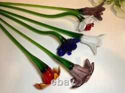 Set of 6 19 Long Stem Multi-Color Glass Flower Murano Hand Blown Glass #30