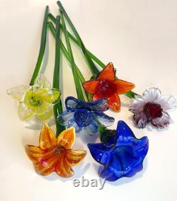 Set of 6 19 Long Stem Multi-Color Glass Flower Murano Hand Blown Glass #C3