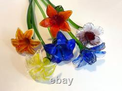 Set of 6 19 Long Stem Multi-Color Glass Flower Murano Hand Blown Glass #C3