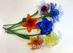 Set of 6 19 Long Stem Multi-Color Glass Flower Murano Hand Blown Glass #C3