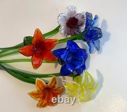 Set of 6 19 Long Stem Multi-Color Glass Flower Murano Hand Blown Glass #C3