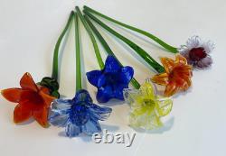 Set of 6 19 Long Stem Multi-Color Glass Flower Murano Hand Blown Glass #C3