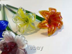 Set of 6 19 Long Stem Multi-Color Glass Flower Murano Hand Blown Glass #C3