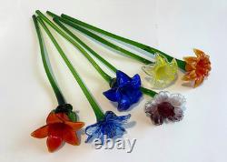 Set of 6 19 Long Stem Multi-Color Glass Flower Murano Hand Blown Glass #C3