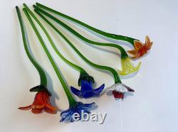 Set of 6 19 Long Stem Multi-Color Glass Flower Murano Hand Blown Glass #C3