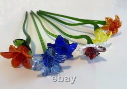 Set of 6 19 Long Stem Multi-Color Glass Flower Murano Hand Blown Glass #C3