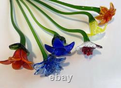 Set of 6 19 Long Stem Multi-Color Glass Flower Murano Hand Blown Glass #C3