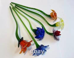 Set of 6 19 Long Stem Multi-Color Glass Flower Murano Hand Blown Glass #C3