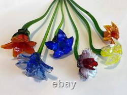 Set of 6 19 Long Stem Multi-Color Glass Flower Murano Hand Blown Glass #C3