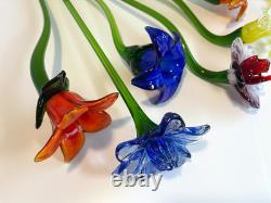 Set of 6 19 Long Stem Multi-Color Glass Flower Murano Hand Blown Glass #C3