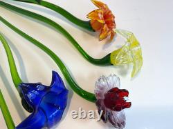 Set of 6 19 Long Stem Multi-Color Glass Flower Murano Hand Blown Glass #C3
