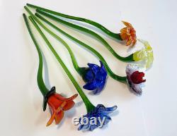 Set of 6 19 Long Stem Multi-Color Glass Flower Murano Hand Blown Glass #C3