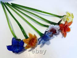 Set of 6 19 Long Stem Multi-Color Glass Flower Murano Hand Blown Glass #C3
